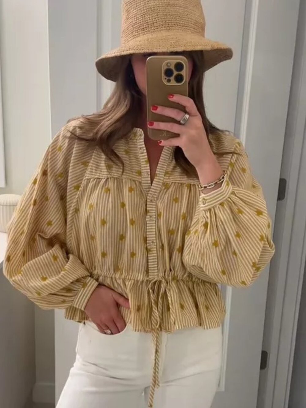 Pilcro NWOT The Sidney Batwing Blouse Cinched Waist Edition Sz L Mustard/White - Picture 2 of 10